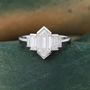 Hexagon cut Moissanite engagement ring Unique White gold Bezel set ring baguette cut Diamond ring Bridal Art deco promise anniversary ring
