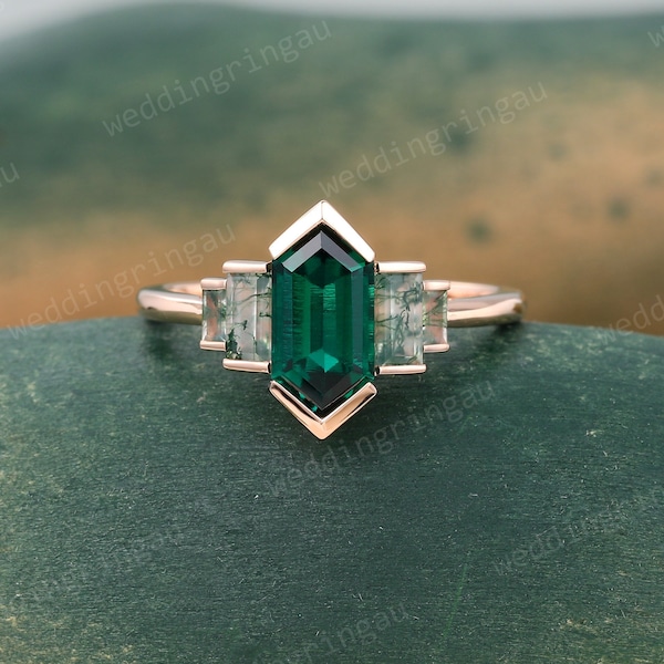 Anillo de esmeralda con corte hexagonal Anillo de compromiso único en oro rosa Anillo de ágata musgosa con corte baguette Anillo engastado en bisel Anillo de aniversario de boda nupcial