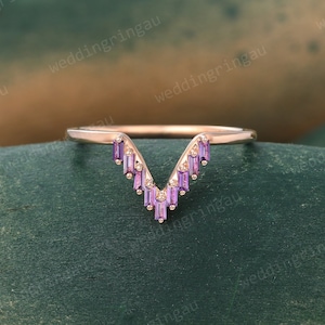 Purple Amethyst wedding band Unique Baguette cut Amethyst Curved Wedding ring V shaped ring for women Bridal Stacking Matching ring