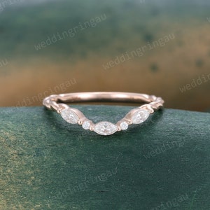 Vintage moissanite wedding band rose gold marquise cut unique curved wedding band diamond stacking matching band 3/4 eternity twist ring