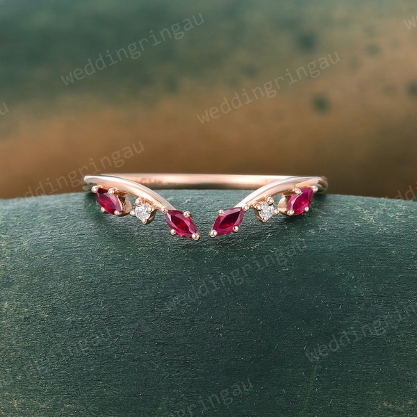 Natural Ruby Curved wedding band Unique Rose gold Leaf wedding band Moissanite Open ring Nature inspired ring Women Stacking Matching band