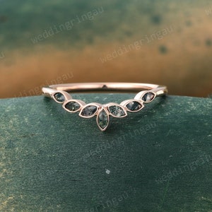 Marquise cut Moss agate Wedding Band Unique Rose gold Curved Wedding Band Bezel set ring Vintage Art deco Bridal Stacking ring Promise ring