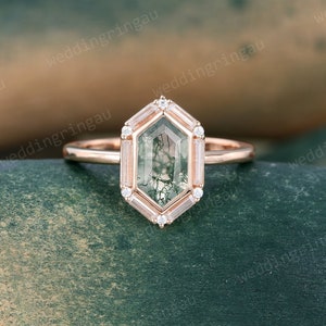 Hexagon cut Moss agate engagement ring Unique rose gold ring Baguette cut Moissanite ring Halo ring Bridal Art deco promise anniversary ring