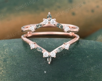 Moss agate Ring Enhancer Unique Diamond Wedding band Rose gold Double band Curved matching stacking ring Wrap band for women Custom ring
