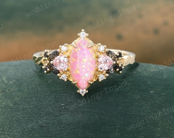 Marquise cut pink opal ring Unique Solid gold engagement ring Heart cut pink sapphire ring Black rutilated quartz ring Leaf ring Bridal ring