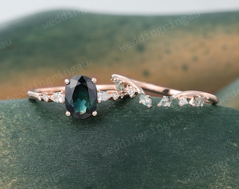 Oval cut Teal sapphire ring set Unique Rose gold engagement ring set Vintage Marquise cut Moss agate Curved wedding ring Bridal Promise ring