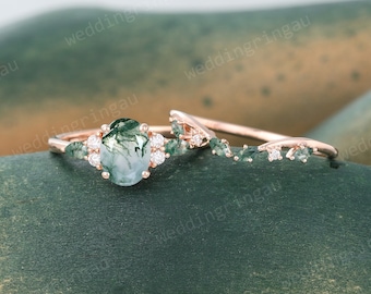 Oval cut Moss agate ring set Vintage Rose gold Moissanite engagement ring set Marquise cut Moss agate open wedding ring set Promise ring