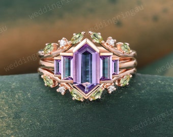 Hexagon cut Amethyst Engagement ring set Vintage Rose gold Baguette cut Amethyst ring Peridot Double Enhancer ring bridal promise ring set