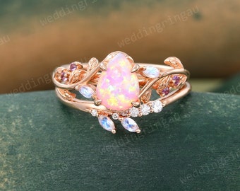 Pear cut Pink Opal engagement ring set Vintage Rose gold Leaf engagement ring Amethyst ring Marquise cut Moonstone Curved branch ring Gift