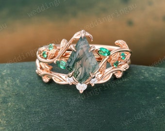 Kite cut Moss agate engagement ring set Vintage Twig engagement ring Leaf Round cut Emerald ring Moissanite wedding ring Promise ring set