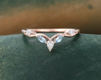 Swiss Blue Topaz wedding band Vintage Rose gold Marquise Moissanite curved wedding band Branch art deco stacking matching band Anniversary