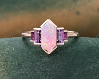 Hexagon cut Pink opal ring Unique Rose gold engagement ring Baguette cut Amethyst ring Bezel ring Vintage Bridal wedding anniversary ring