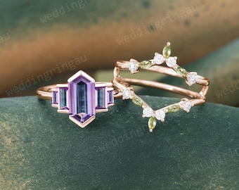 Hexagon cut Amethyst engagement ring set Vintage Rose gold Amethyst engagement ring marquise cut Peridot Enhancer wedding ring promise ring