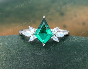 Kite cut Green Emerald ring Vintage White gold engagement ring for women Marquise cut Moonstone ring May birthstone ring promise ring gift