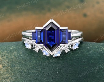 Hexagon cut Blue sapphire Engagement ring set Vintage White gold baguette cut sapphire ring Moonstone Curved Open wedding band promise ring