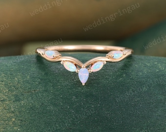 Pear cut Natural Opal wedding band Vintage rose gold curved wedding band Branch ring Bridal art deco stacking matching band Anniversary ring