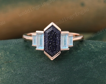 Hexagon cut Blue sandstone engagement ring Vintage Rose gold ring Baguette cut Labradorite ring Bezel set ring bridal anniversary ring