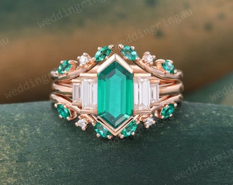 Hexagon cut Emerald Engagement ring set Vintage Rose gold Baguette cut Moissanite ring Emerald Double Enhancer band bridal promise ring