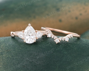 Pear Moissanite Engagement ring set Vintage Rose gold Moissanite Bridal ring set ring Round cut Diamond Curved wedding ring set Promise ring