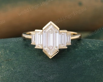 Hexagon cut Moissanite engagement ring Unique Yellow gold Bezel set ring baguette cut Diamond ring Bridal Art deco promise anniversary ring