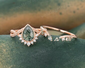 Pear cut Moss agate engagement ring set Unique Rose gold Moissanite Bridal ring set Twisted wedding ring Diamond open ring Promise ring