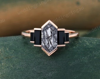 Hexagon cut Black rutilated quartz ring Unique gemstone engagement ring Vintage Rose gold ring Baguette cut Black onyx ring promise ring