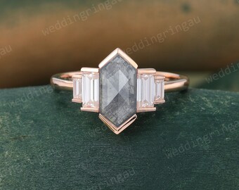 Hexagon cut Salt and pepper diamond ring Unique Rose gold engagement ring Vintage Baguette cut Moissanite ring Bezel set ring promise ring