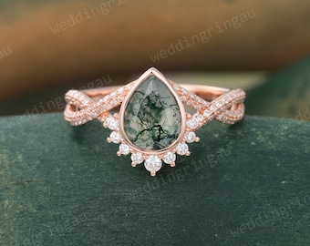 Pear shaped Moss agate ring Vintage Rose gold engagement ring Round cut moissanite ring Bezel set ring Twisted wedding ring promise ring