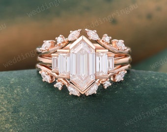 Hexagon cut Moissanite Engagement ring set Vintage rose gold Baguette cut Moissanite ring leaf Enhancer wedding band bridal promise ring