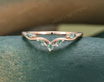 Natural Moss agate wedding band Unique Rose gold Marquise cut Curved wedding band Vintage Olive Branch Engagement band Women Promise ring
