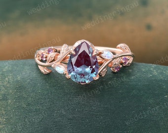 Pear shaped Alexandrite ring Unique Rose gold Leaf engagement ring Marquise cut Moonstone ring Amethyst ring Nature inspired Twig ring Gift