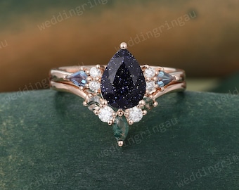 Pear shaped Blue sandstone engagement ring set Vintage Rose gold Alexandrite Bridal ring set Marquise Moss agate wedding band Promise ring