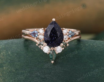 Pear shaped Blue sandstone engagement ring set Vintage Rose gold Alexandrite Bridal ring set Marquise Moss agate wedding band Promise ring