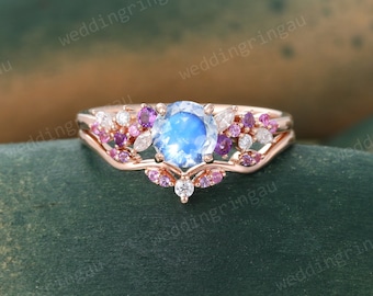 Unique Moonstone engagement ring set Vintage Rose gold Moissanite Bridal ring set Pink sapphire Amethyst wedding band Art deco Promise ring
