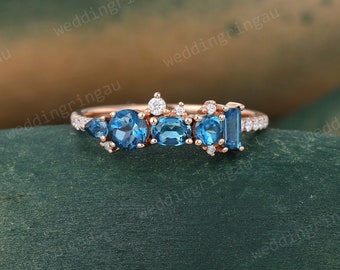 Unique Gemstone ring London Blue Topaz Wedding band Vintage Rose gold ring Oval Blue Topaz ring Art deco Bridal wedding ring Promise ring