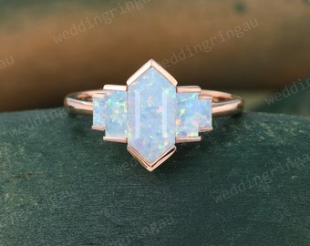 Hexagon cut Lab Opal ring Unique rose gold engagement ring Baguette cut Opal Promise ring Bezel set ring Bridal anniversary ring for women