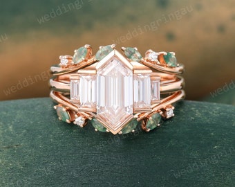 Hexagon cut Moissanite Engagement ring set Vintage Rose gold Baguette cut Moissanite ring Moss agate Enhancer wedding band promise ring set