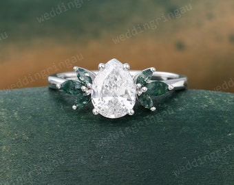 Pear shaped Lab Grown Diamond engagement ring Unique White gold Teardrop Diamond ring Marquise cut Moss agate ring Vintage Proposal ring