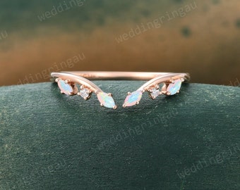 Marquise cut Natural Opal Wedding Band Unique Rose gold Moissanite Curved Wedding Band Vintage Art deco Bridal Open Stacking Promise ring