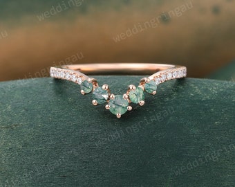Moss agate wedding band Unique Rose gold Curved wedding band Round cut Moissanite Stacking ring Art deco Promise Anniversary ring Gift