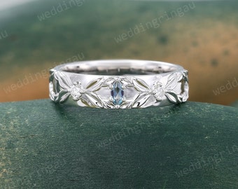 5mm Alexandrite Wedding band Vintage White gold Plain Gold wedding ring Leaf Engraved Band for Women Mens Nature inspired Ring Promise ring