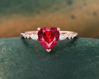 Heart shaped Ruby engagement ring Vintage Rose gold ring Pear cut moissanite ring Seven stone ring Bridal ring Promise ring for women gift