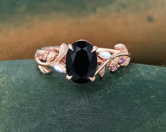 Oval cut Black onyx ring Unique Rose gold Leaf engagement ring Marquise cut Moonstone ring Amethyst ring Nature inspired Twig ring Gift