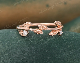 Elvish Wedding Band Unique Leaf Rose gold Moissanite Wedding Band Vintage Round cut ring Art deco Bridal Branch Stacking ring Promise ring