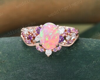 Oval cut Pink Opal Engagement ring set Vintage Rose gold Bridal ring set Amethyst ring Pink sapphire wedding ring set Diamond Promise ring
