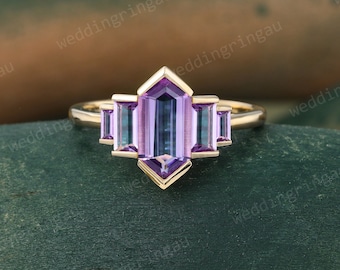 Hexagon cut Natural Amethyst ring Unique Solid gold engagement ring Baguette cut ring Bezel set ring Vintage Bridal wedding anniversary ring