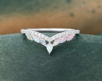 White Opal Wedding band Unique 14k White gold Curved Stacking band for women Round cut Diamond ring Antique Bridal Promise Anniversary ring