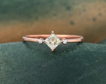 Princess cut Yellow Moissanite ring Unique Rose gold engagement ring Dainty Three stone ring Diamond wedding ring promise ring for women