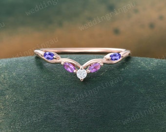 Amethyst Tanzanite Curved wedding band Unique Moissanite wedding band for women Rose gold ring Stacking Matching ring Art deco Promise gift