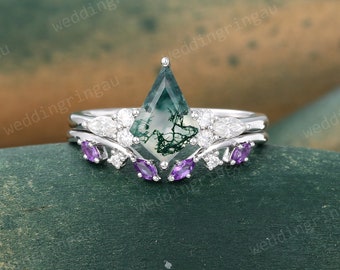 Vintage kite cut green moss agate engagement ring set 14k white gold marquise cut moissanite ring for women unique Amethyst wedding ring set